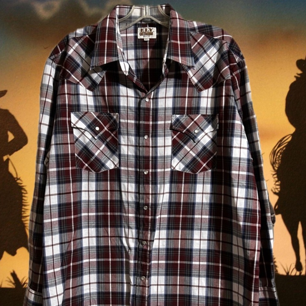 Ely Men's Western Black and Burgundy Plaid Shirt Pearl Snaps Size XL